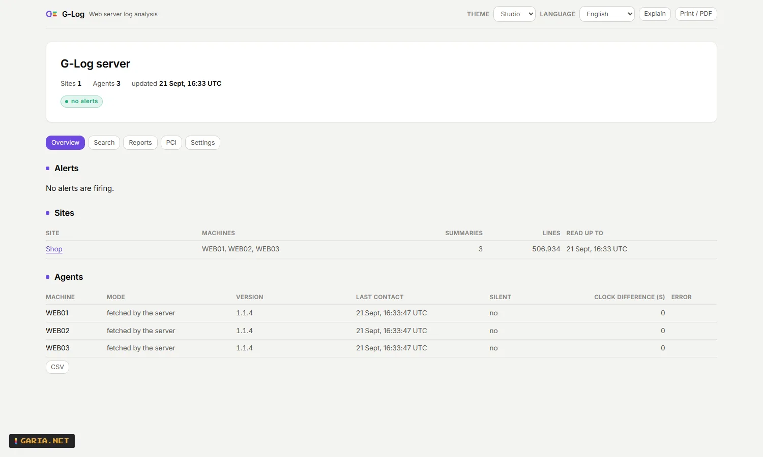 The page of a G-Log server: the alerts, the sites of the cluster with the machines that run them, and the agents with their last contact