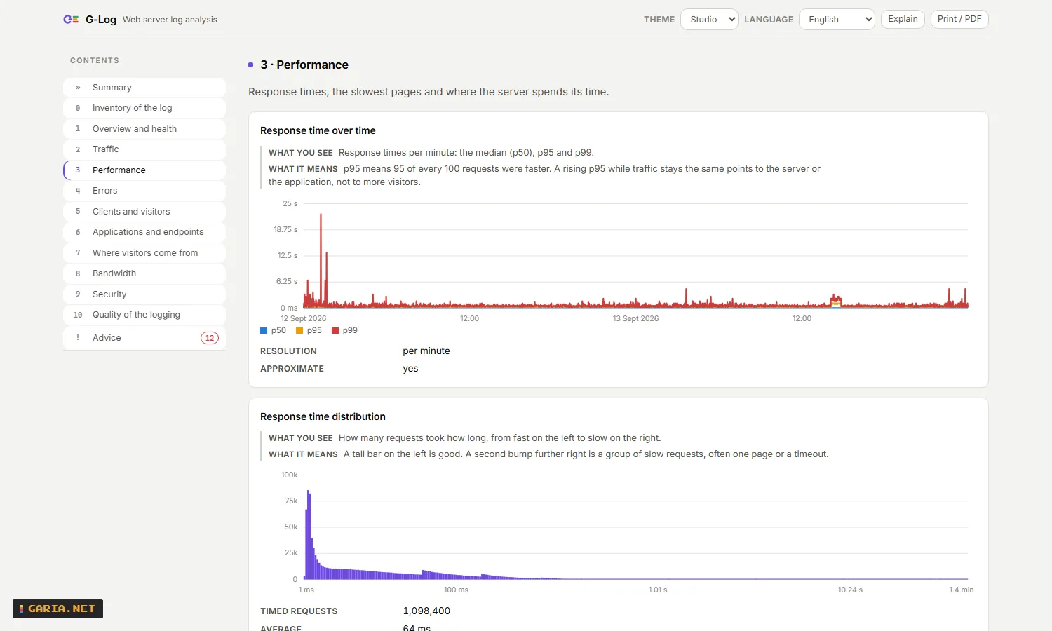 G-Log performance chapter: response time percentiles over time, the slowest pages and where server time goes