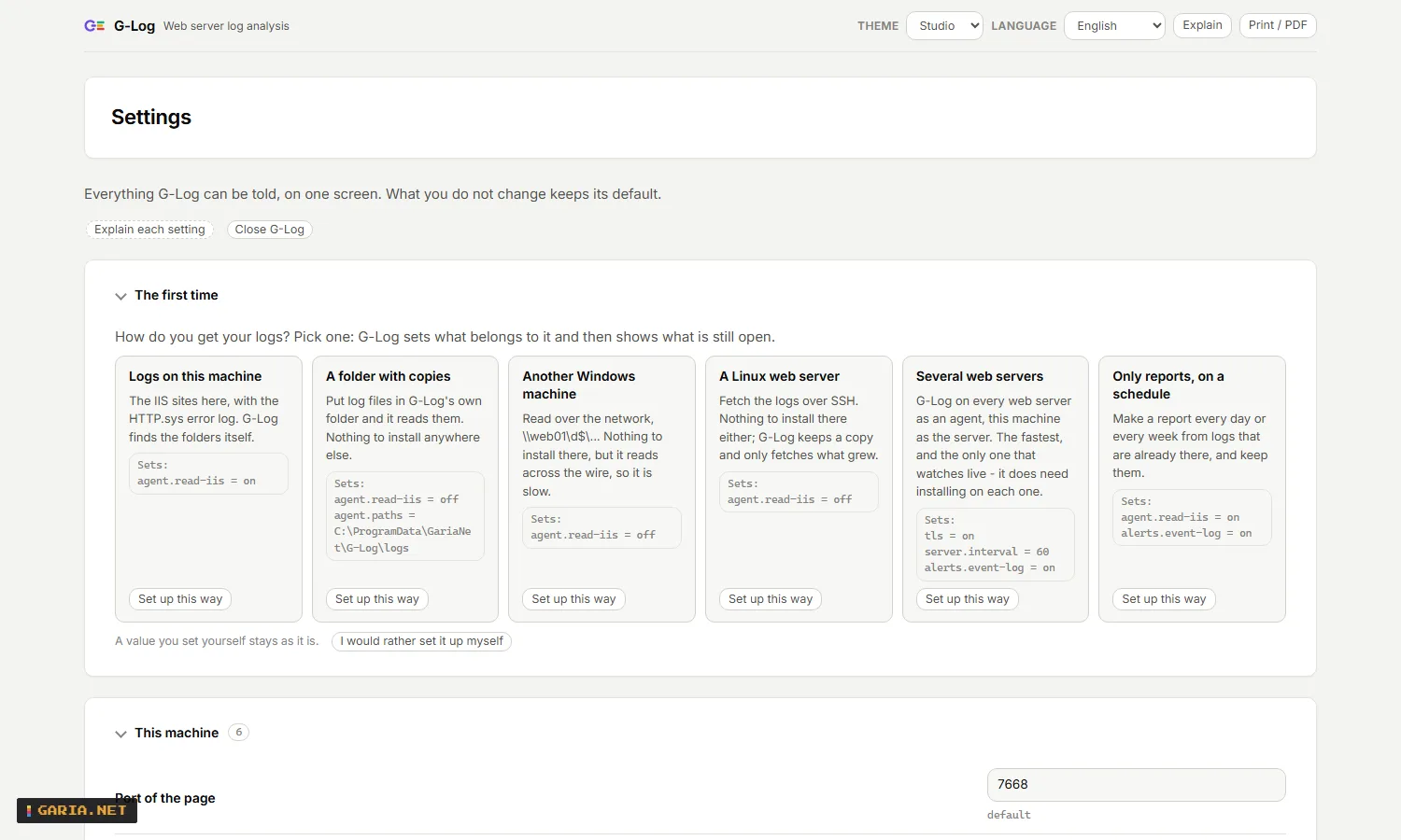 The first screen of G-Log: the question how do you get your logs, with six cards - the IIS sites on this machine, a folder with copies, another Windows machine over the network, a Linux web server over SSH, several web servers with agents, or only reports on a schedule. Each card says what choosing it will set.