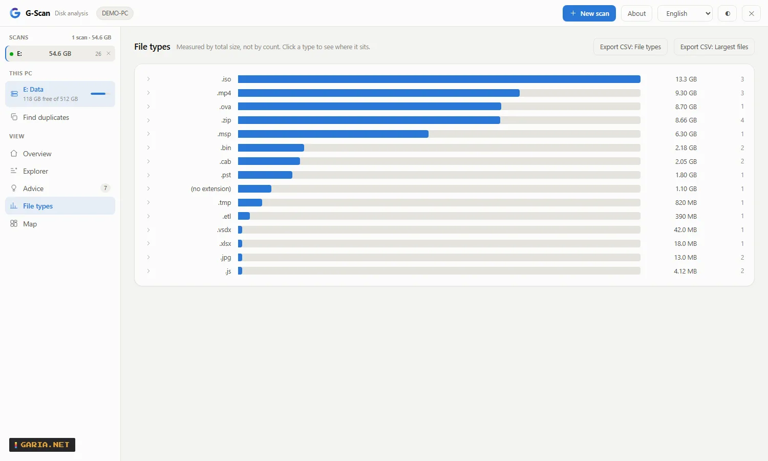 G-Scan file types: which kinds of file take the space