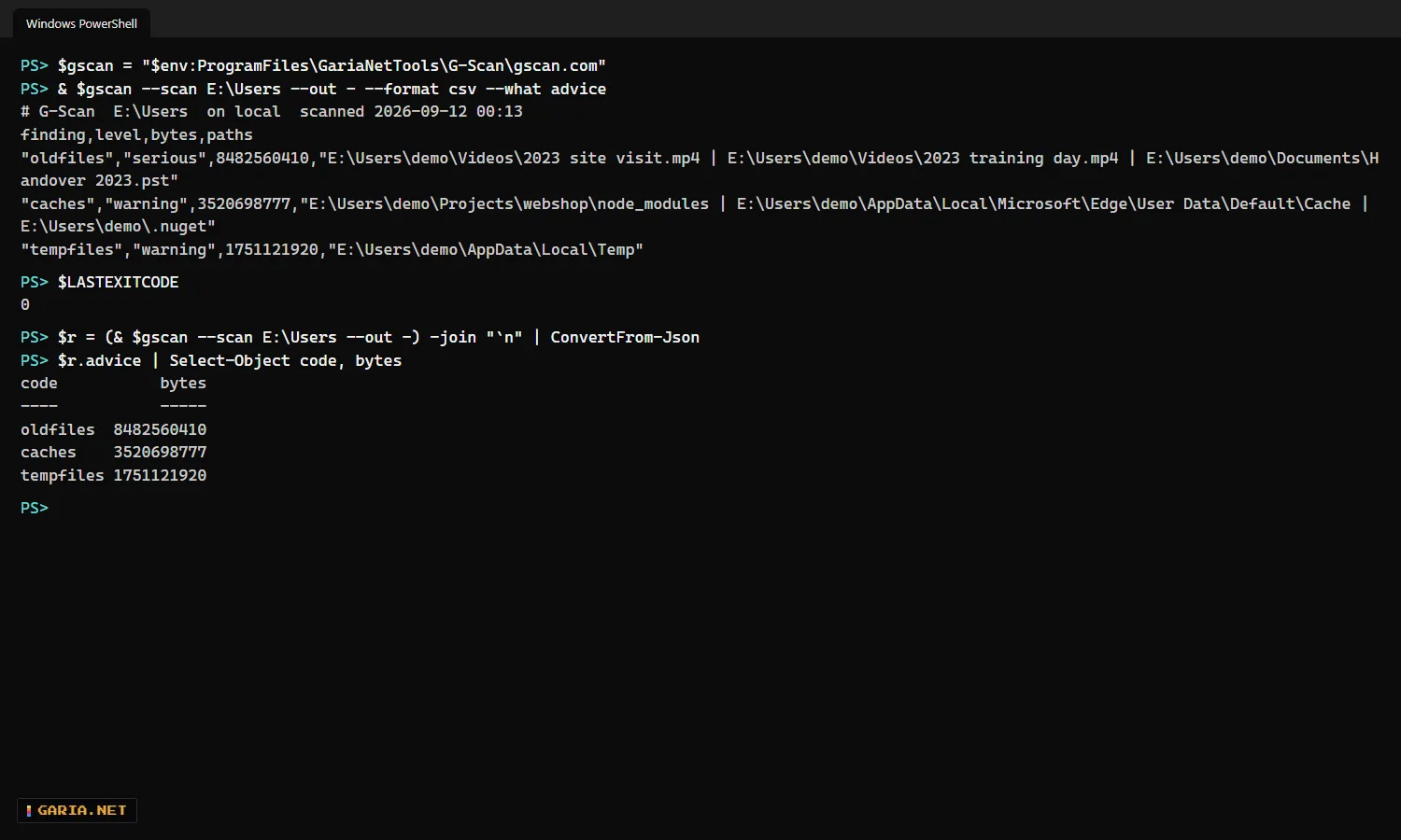 PowerShell running gscan.com on a test folder: the findings as CSV on standard output, exit code 0, and the JSON result read with ConvertFrom-Json