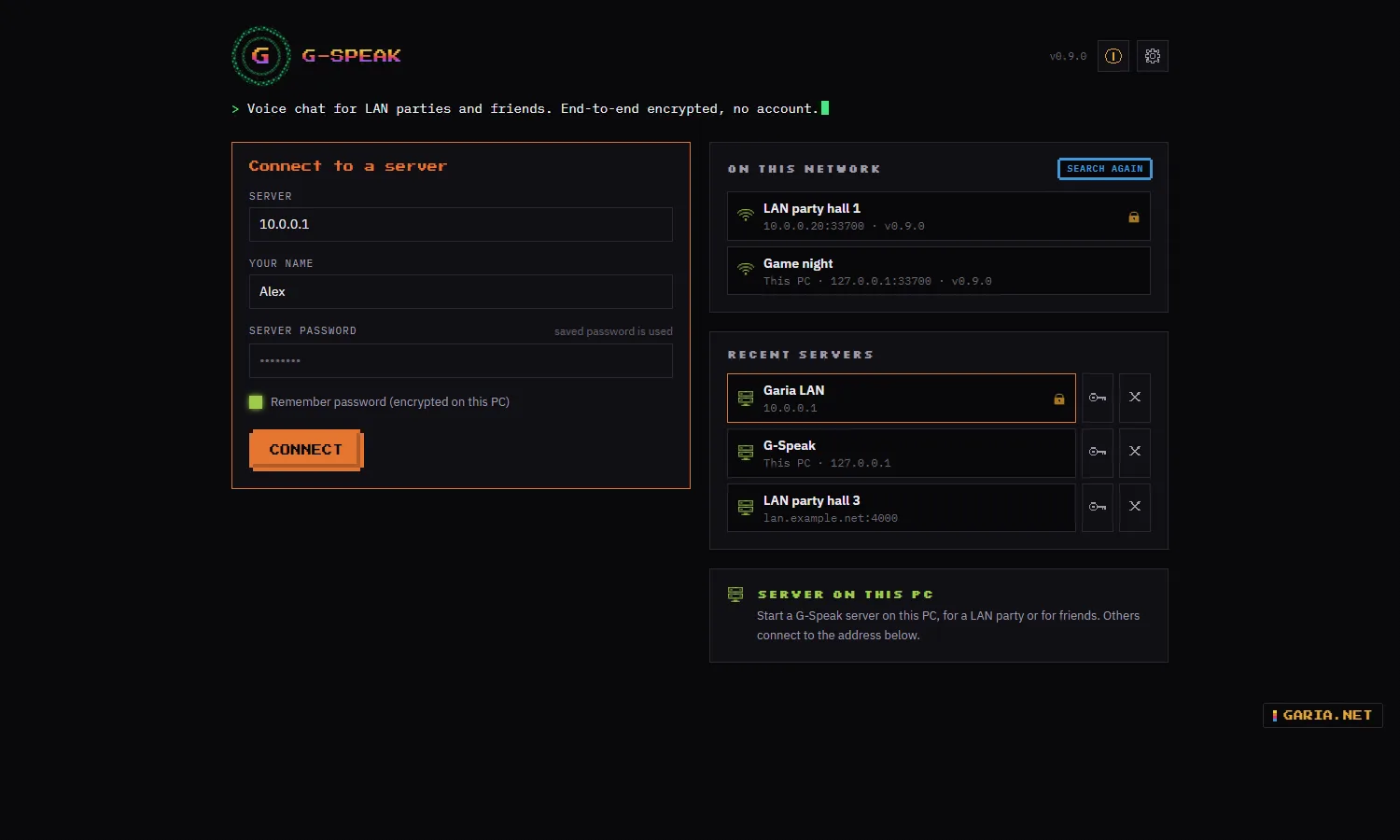G-Speak start screen: connect to a server, G-Speak servers found on this network, and recent servers with a saved password
