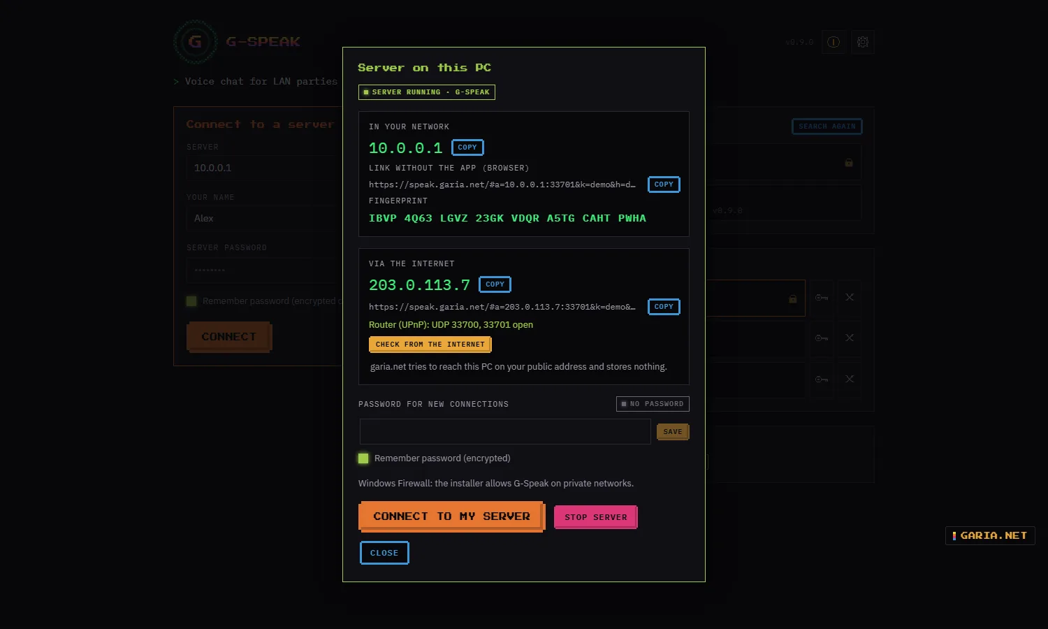 G-Speak hosting a server from the app: the address in your network and over the internet, each with a browser link, the ports opened in the router automatically, and the server fingerprint