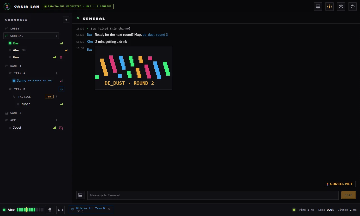 G-Speak connected to a LAN server: channels and subchannels with who is talking, a temporary channel, end-to-end encrypted chat with an image, a whisper target and the connection meter