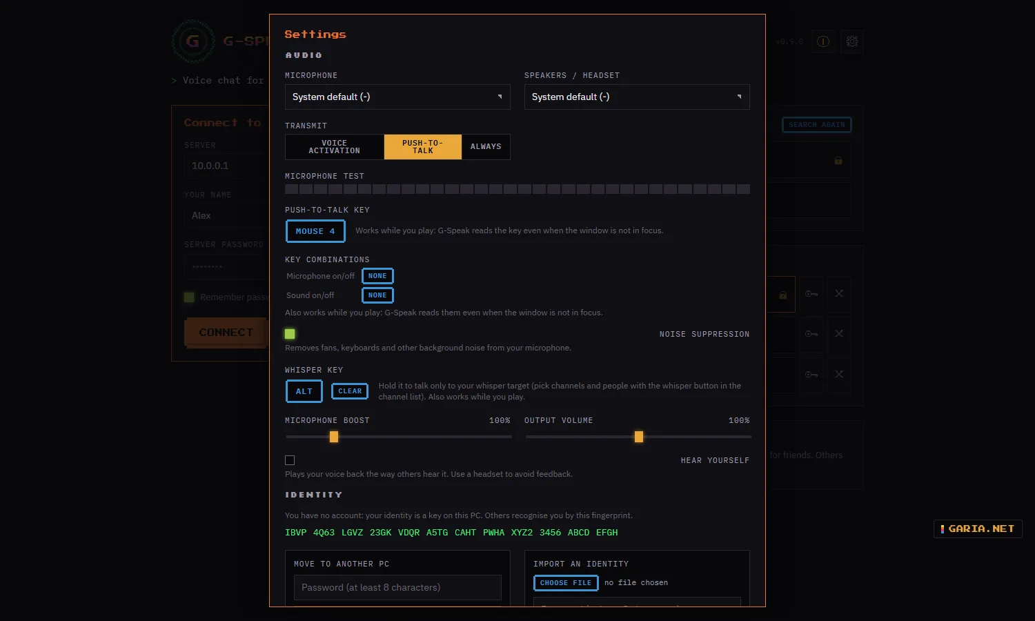 G-Speak settings: microphone and headset, push-to-talk that also works while a game has focus, noise suppression and a whisper key